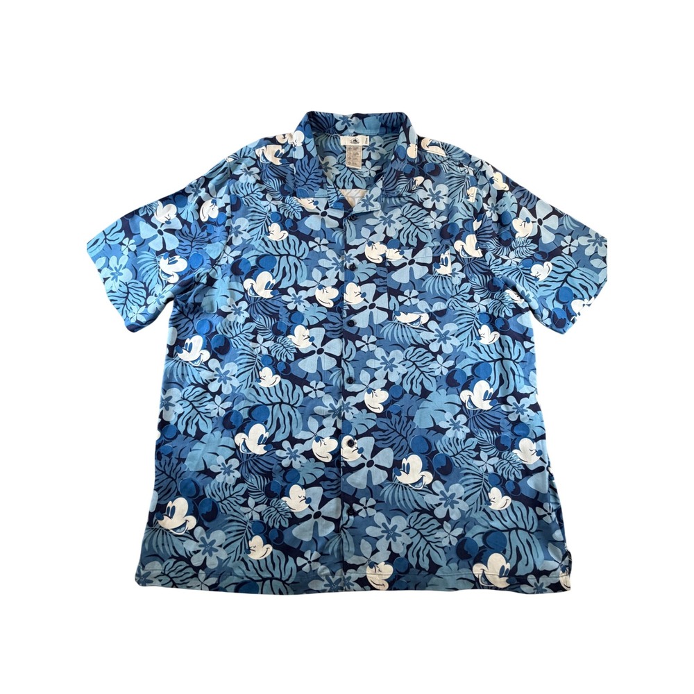 Disney Parks Mickey Mouse Tropical Floral Hawaiian Shirt Blue XXXL 3XL Rayon